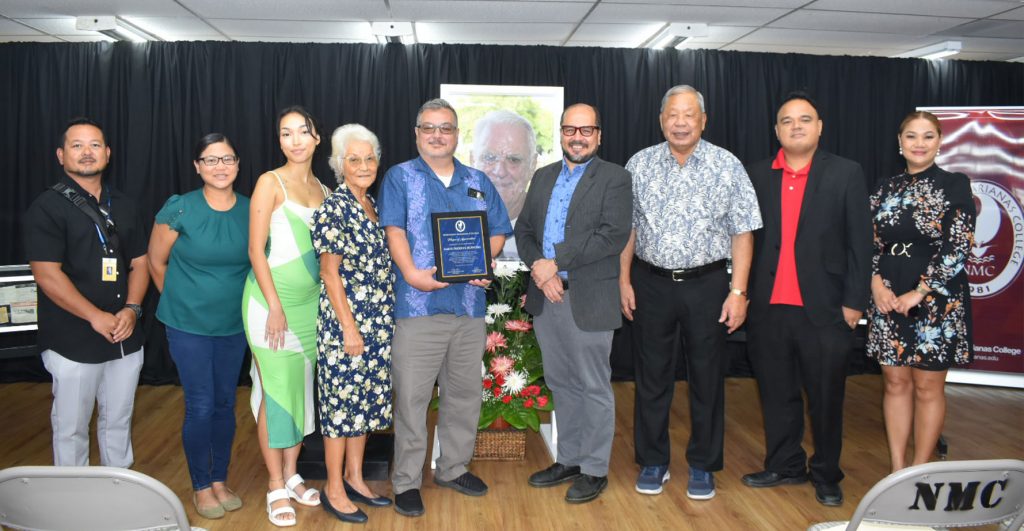 Northern Marianas College honored the late Samuel F. McPhetres with a collection showcasing his work at the NMC Archives Building O yesterday morning. From left to right, acting House speaker Joel C. Camacho (Ind-Saipan), Janice McPhetres, Jaiden Santos, Agnes McPhetres, Samuel McPhetres Jr., NMC president Galvin Deleon Guerrero, Ed.D., acting governor David M. Apatang, Ray Muña, and Sen. Speaker Corina Magofna (Ind-Saipan). (LEIGH GASES)